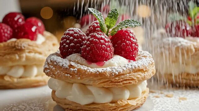 Close up of pastries with raspberries and cream dessert food photography
