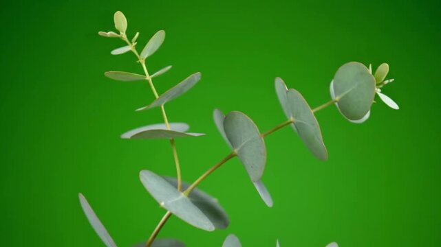 Eucalyptus branches with round leaves on a green background.
