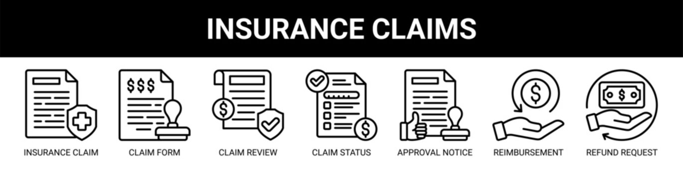 Insurance Claims web banner icon vector illustration concept with icons of insurance claim, claim form, claim review, claim status, approval notice, reimbursement process, and refund request.