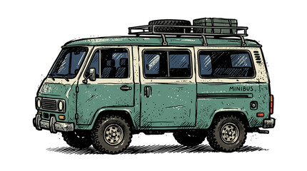 Obraz premium Vintage Camper Van Illustration - Retro Travel Vehicle with Roof Rack and Tires