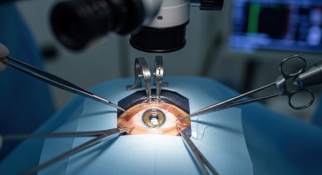 Surgical closeup of eye with tools and microscope focused for operation