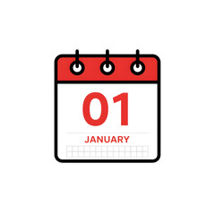 New Year January 1st calendar date icon isolated on white background red and white design