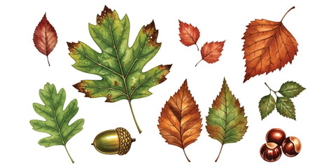 An assortment of watercolor autumn leaves and nuts, including acorns and chestnuts, on a white background © Victor creative 