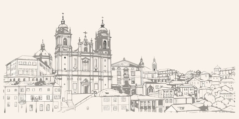 Detailed sketch of a baroque church and surrounding cityscape © Bijon