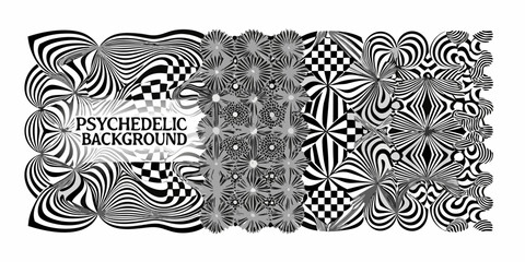 Optical illusion patterns in black and white create a psychedelic background