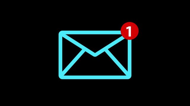 Incoming 4 Message notification alert animation on Black background. Emil notification icon animation email incoming message. Mail delivery service On black background