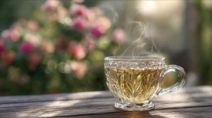 Fototapeta premium hyperrealistic close up of glass teacup with steam rising on outdoor terrace table, soft spring sunlight, blooming flowers blurred in background