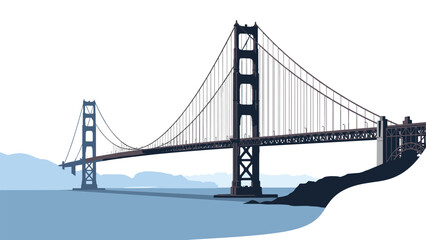 Obraz premium Iconic dark silhouette of the Golden Gate Bridge stands against a clear white sky and calm blue water of the bay.