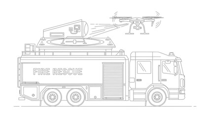 Obraz premium Emergency Drone Response: A detailed illustration of a fire truck equipped with advanced technology, featuring a drone and water cannon, ready to respond to emergencies.