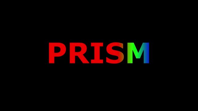 Dynamic 'PRISM' word animation, vibrant rainbow colors changing on black background, modern spectrum light effect loop.