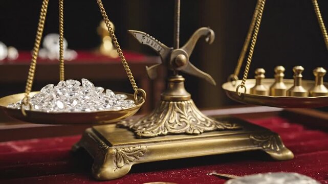 An antique brass balance scale weighs a pile of sparkling diamonds against small golden weights