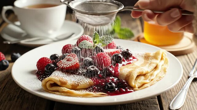 Delicious pancake with berries and powdered sugar preparation