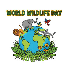 Fototapeta premium World Wildlife Day illustration with diverse animals on globe surrounded by green leaves and nature elements