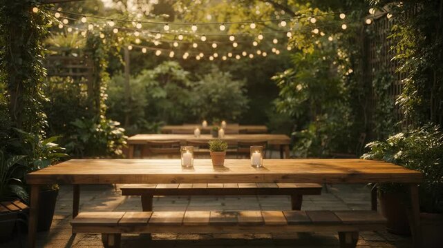 Medium shot of an openair beer garden patio at golden hour focusing on long wooden tables decorated with string lights and vibrant greenery around.