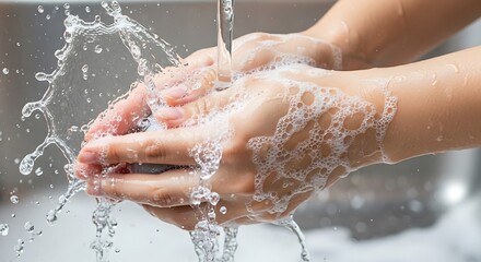Fototapeta premium Hands being washed thoroughly with soap under running water indoors