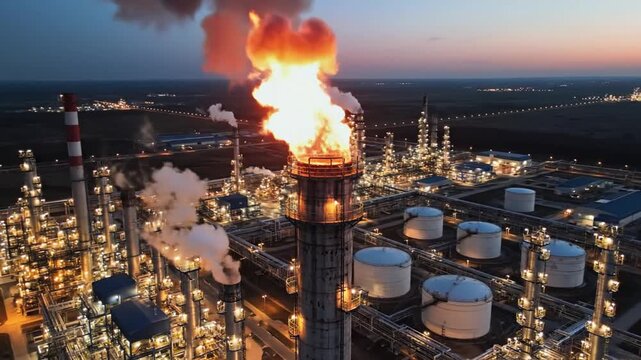 Aerial view of a large industrial refinery with a towering flare stack burning brightly at twilight.