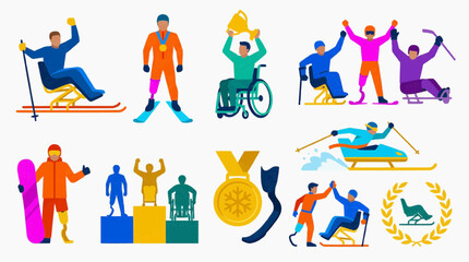 Fototapeta premium Paralympic icon set featuring winner and champion athletes in various winter sports including alpine skiing, snowboard, and wheelchair curling, showcasing para athletes with prosthetic limbs
