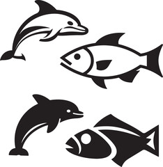 Obraz premium Dolphin and Fish Silhouette Icon Set Black and White Vector Illustration
