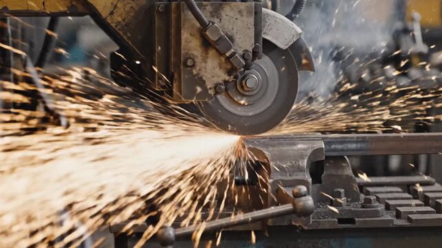 Industrial abrasive saw cutting through a l pipe, producing a bright shower of sparks in a factory.