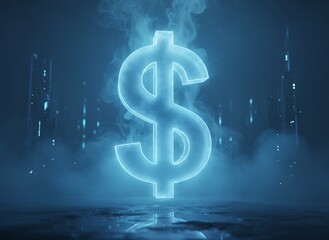 Glowing dollar sign in misty blue background with neon effect