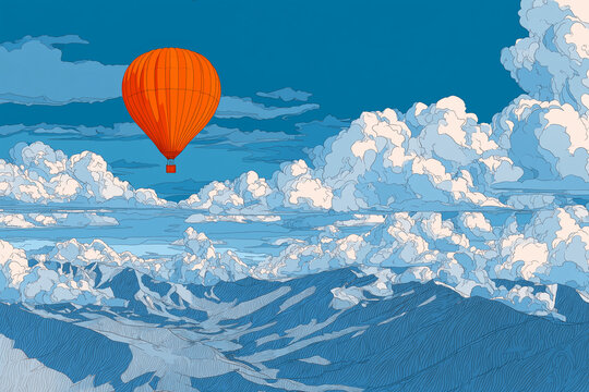 Orange Hot Air Balloon Floating Over Blue Mountains, Peaceful Travel and Adventure Landscape Concept