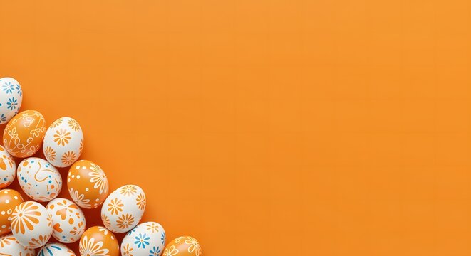 A collection of easter eggs with white and blue floral patterns arranged in the bottom left corner on an orange background