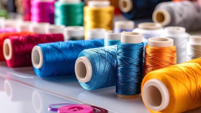 Colorful spools of thread arranged in a row, perfect for sewing and crafting projects.