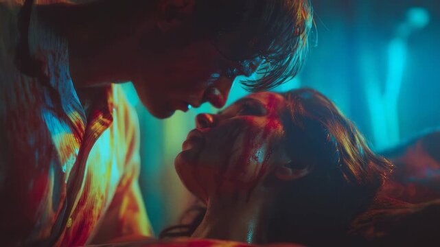 Intense close-up of a couple covered in blood, their faces nearly touching in dramatic lighting