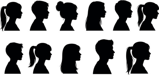 Set of children silhouette profiles featuring young boys and girls with various hairstyles isolated on white background vector illustration collection. © BIPUL