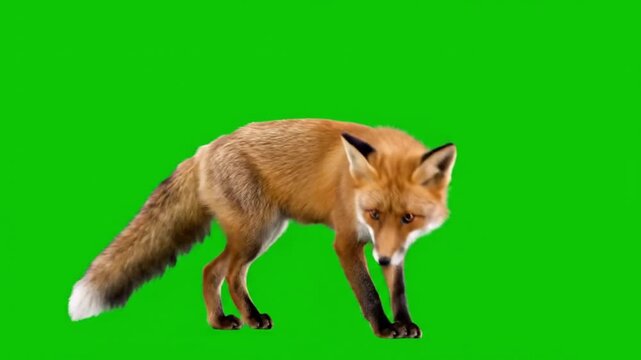 Red Fox Standing and Walking on Green Screen Background.