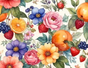 A vibrant watercolor pattern featuring a mix of flowers, berries, and citrus fruits. The design is colorful and cheerful