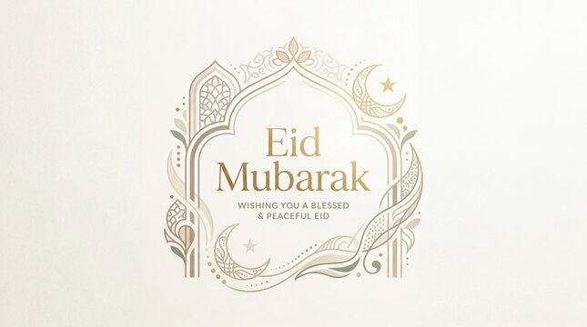 Elegant Eid Mubarak greeting card featuring golden Islamic arch frame, crescent moons and stars upon the soft beige background, centered typography, minimal design, calm festive mood