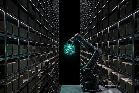 Robotic Arm Handling Glowing Data Cube In Low-Key Automated Warehouse