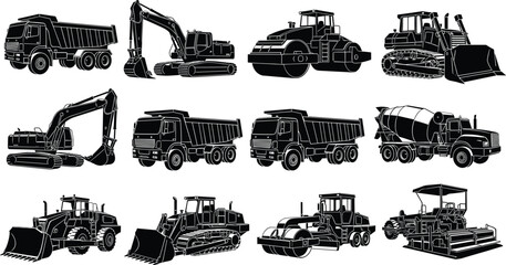 Vector black silhouette of construction machinery icons including excavators dump trucks bulldozers and cement mixers isolated on white background for industrial building graphic design © MDMUNTASSER