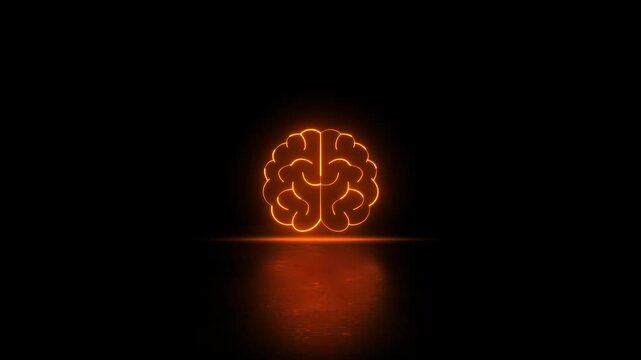 Glowing Neon orange color Brain Icon video animation. Symbol of Intelligence and Mind brain medicine memory animation. Medical neon lines drawing a brain icon animation on black background.