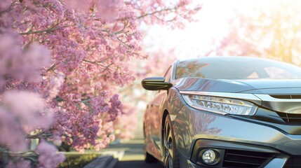 hyperrealistic modern clean car parked under blooming spring trees, soft sunlight filtering through petals, glossy reflections, fresh start after