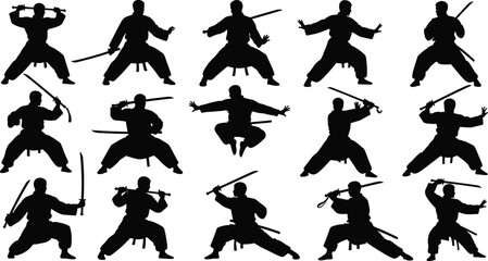 Fototapeta premium Vector black silhouette of samurai and ninja warrior icons with katanas including traditional martial arts poses and sword fighting positions isolated on white background