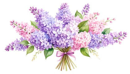 Fototapeta premium A vibrant, watercolor-style bouquet featuring an assortment of lilacs in hues of pink, purple, and lavender, tied with a ribbon