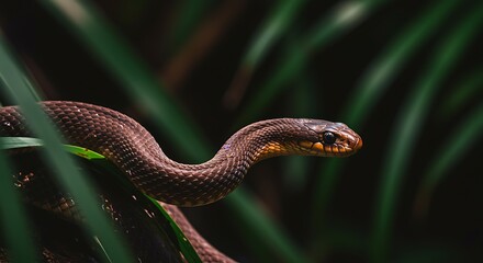 Naklejka premium Close up snake coiled among green tropical foliage background