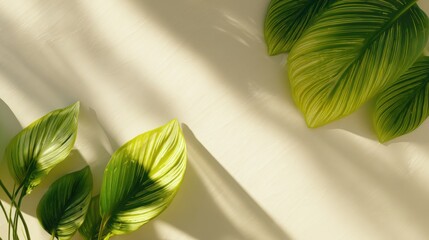 hyperrealistic nature background with tropical leaves casting soft shadows on light surface, warm sunlight, vibrant green tones, fresh summer