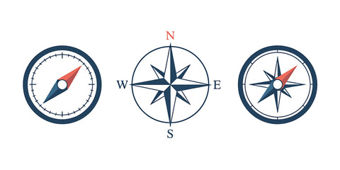 Compass navigation symbols for direction and orientation  geography tools