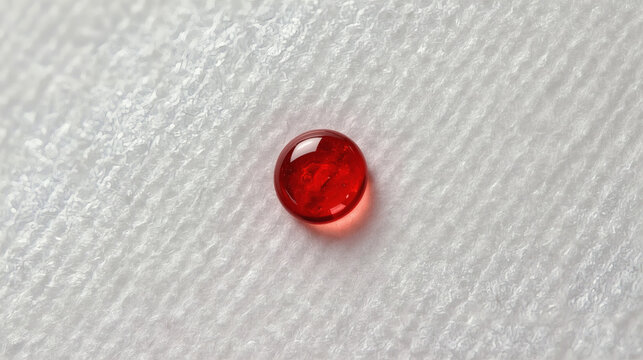Extreme macro flat lay of a red fluid drop on a textured paper-based microfluidic diagnostic device