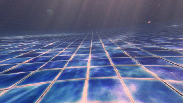 Underwater Pool Floor With Blue Tiles And Light Caustics, Calm Cinematic Shot Showing Sun Rays And Gentle Water Movement Creating Abstract And Relaxing Atmosphere