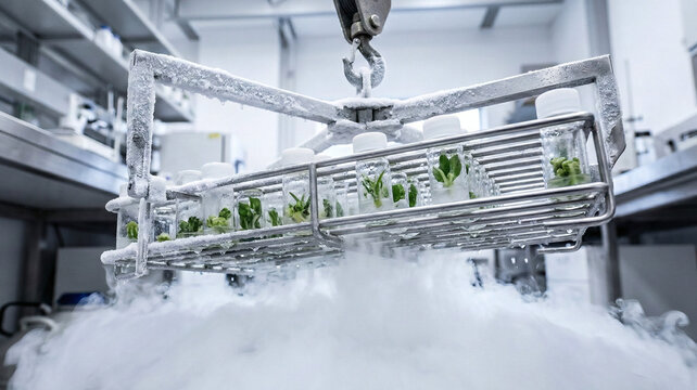 Low angle view lifting a cryogenic rack of glass vials with green botanical samples from liquid nitrogen vapo
