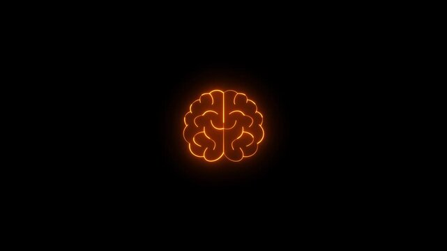 Glowing Neon orange color Brain Icon video animation. Symbol of Intelligence and Mind brain medicine memory animation. Medical neon lines drawing a brain icon animation on black background.