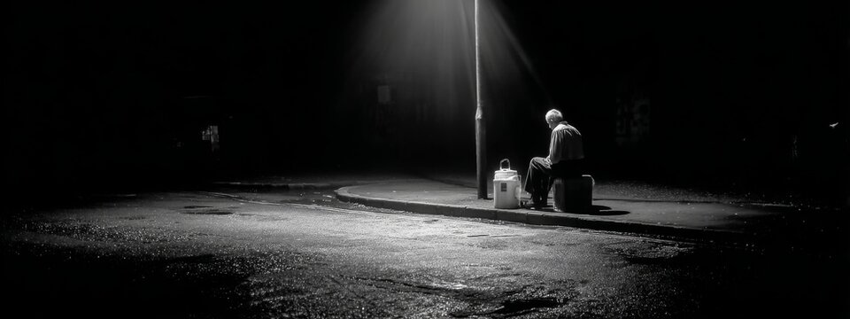 Elderly Man Sitting Alone Under a Flickering Streetlight at Night in a Desolate Urban Environment