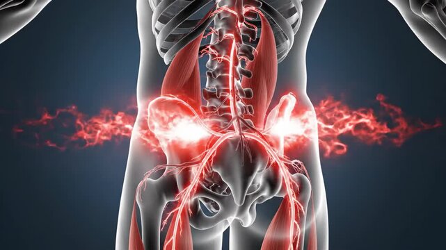 Medical animation shows spinal pain and glute pain with red inflammation flow marking lower back area to illustrate affected regions clearly for learning purposes