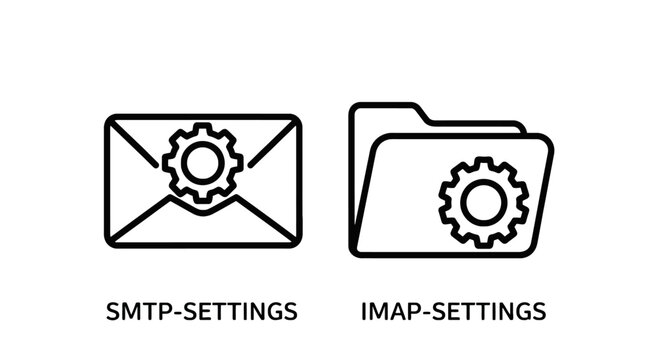 Email icons: envelope with gear for SMTP settings and folder with gear for IMAP settings, email protocol configuration