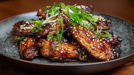 Fototapeta premium Delicious sticky chicken wings with sesame seeds