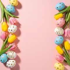 Obraz premium Easter eggs and tulips on pink background for spring greeting